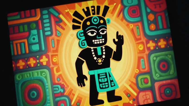 Ilustración vibrante de Nanahuatzin en estilo azteca