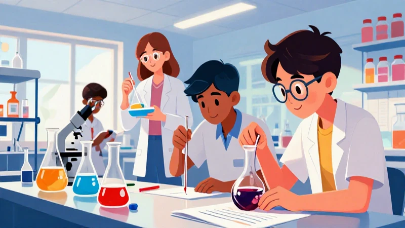 Estudiantes experimentan en laboratorio colorido y moderno