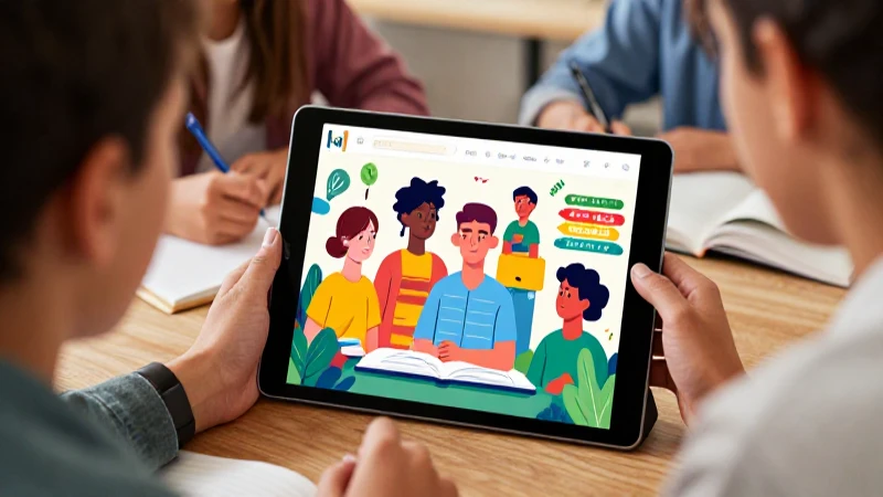 Estudiantes colaboran en una tableta educativa colorida
