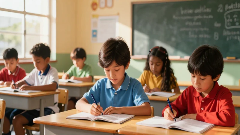 Escuela colorida con niños aprendiendo bajo el sol