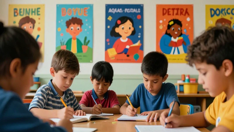 Aula diversa, con arte vibrante y cálido