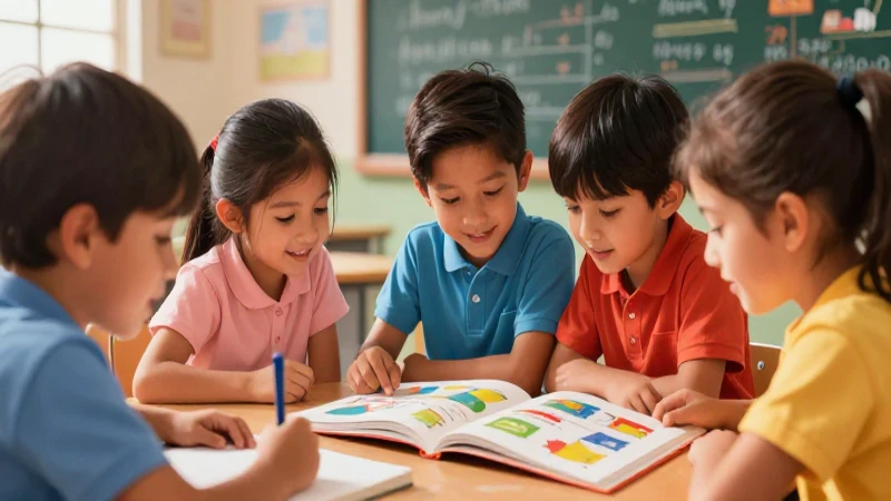 Niños felices leen en una aula colorida
