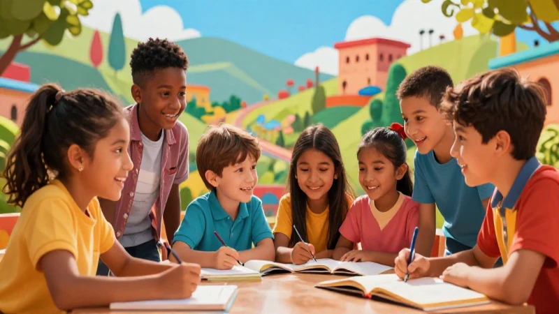 Ilustración vibrante muestra niños aprendiendo felices