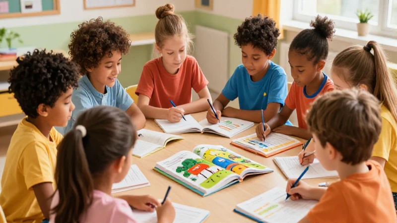 Ilustración vibrante muestra estudiantes diversos colaborando