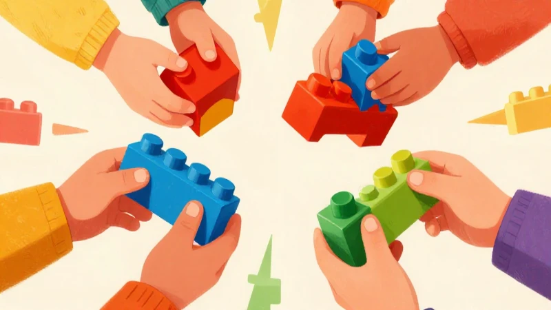 Manos infantiles construyen con bloques coloridos