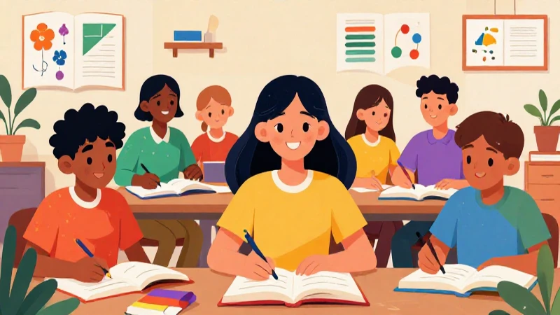 Ilustración vibrante y educativa sobre estudiantes aprendiendo