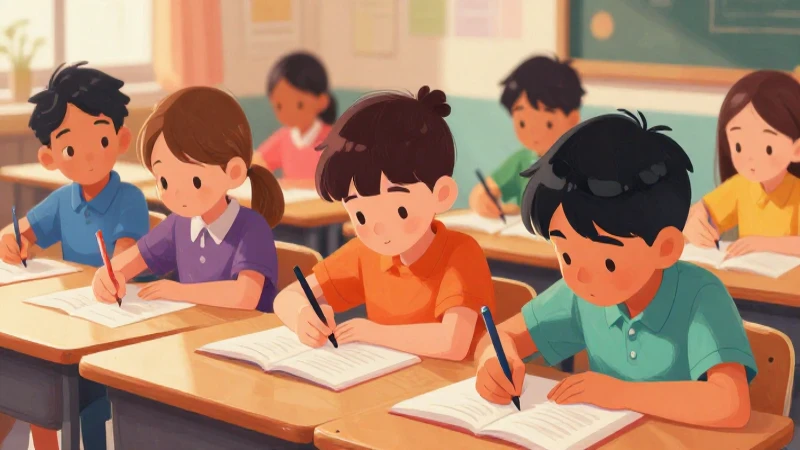 Aula infantil colorida con niños estudiando