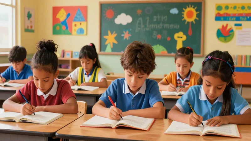 Estudiantes diversos aprenden en ambiente colorido y dinámico