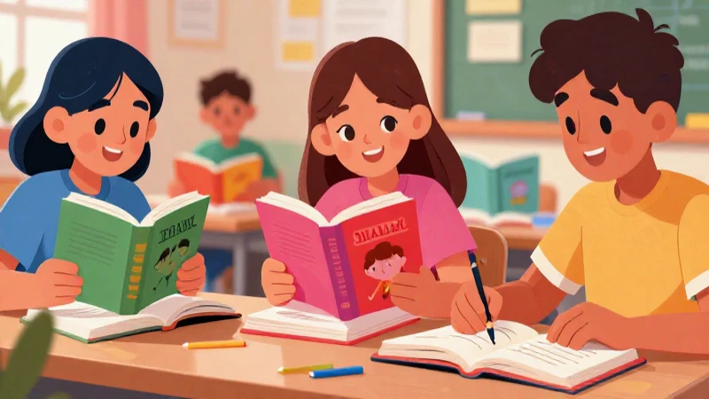 Estudiantes sonrientes estudian libros vibrantes y educativos