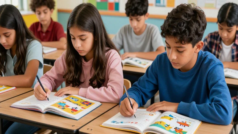 Estudiantes diversos estudian con material colorido