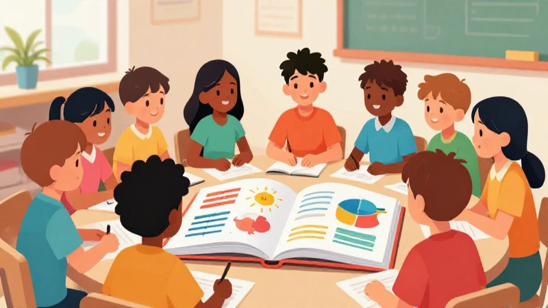 Ilustración vibrante muestra niños aprendiendo juntos