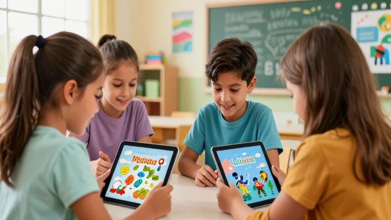 Ilustración vibrante muestra alumnos explorando tecnología