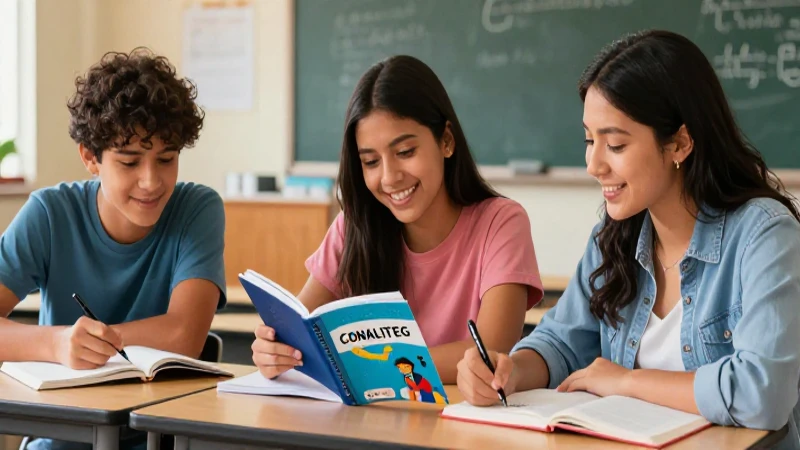 Ilustración vibrante de estudiantes mexicanos estudiando