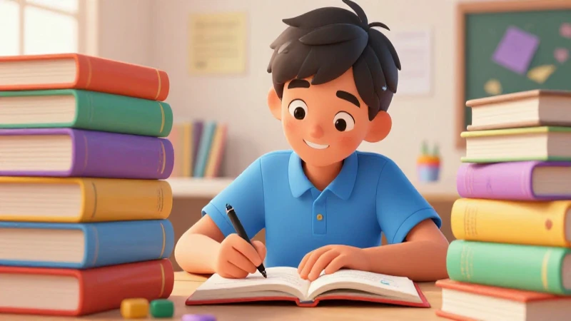 Ilustración colorida de estudiante estudiando felizmente