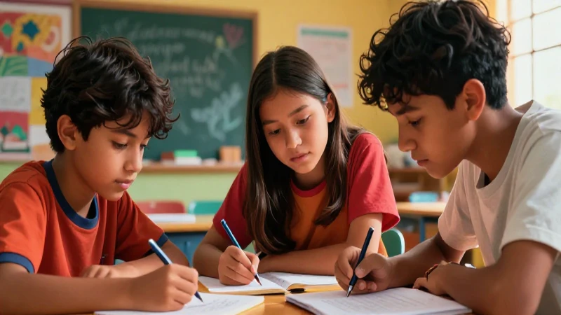 Ilustración vibrante de estudiantes aprendiendo juntos