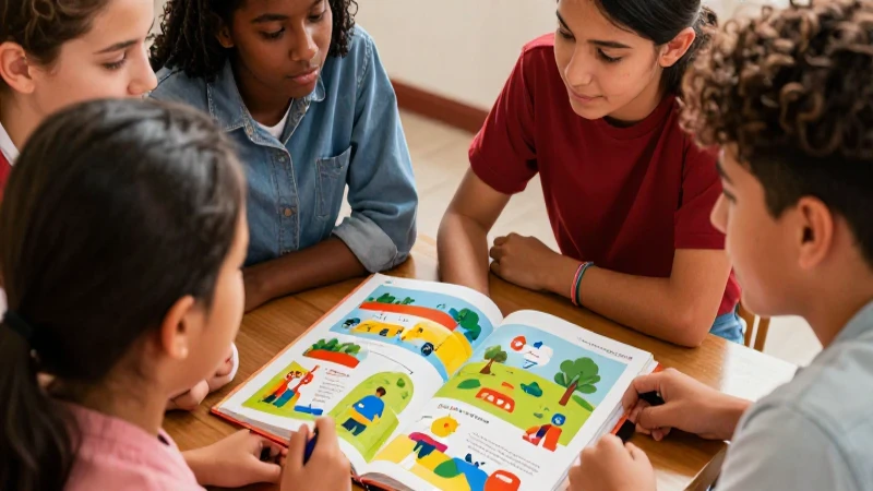 Adolescentes diversos estudian juntos en colores vibrantes