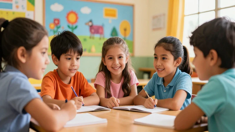 Niños felices juegan en un aula colorida