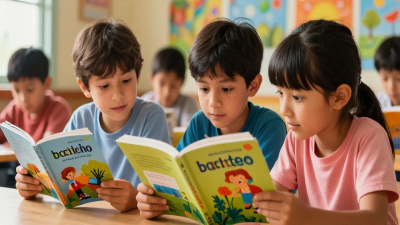 Niños leen juntos con arte vibrante y cálido