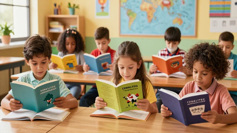 Niños diversos leen con alegría en clase