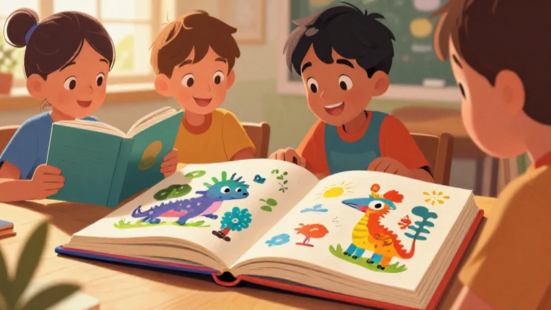 Niños felices leen libros coloridos y fantásticos