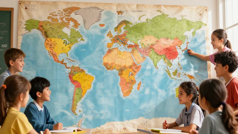 Mapa colorido con niños aprendiendo geografía
