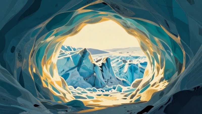 Paisaje glaciar iridiscente con luces cinematográficas