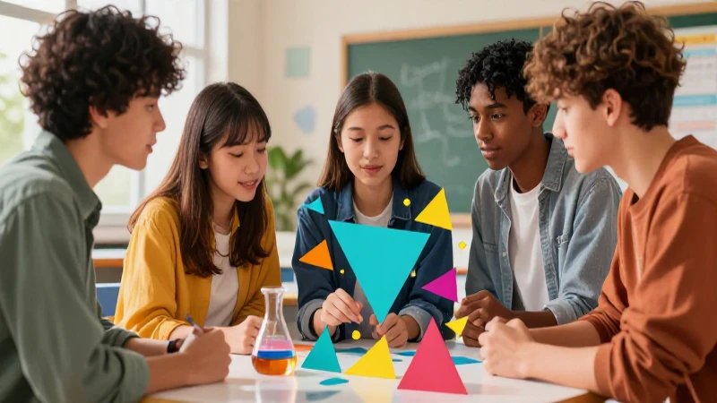 Estudiantes diversos discuten ciencia con gráficos geométricos