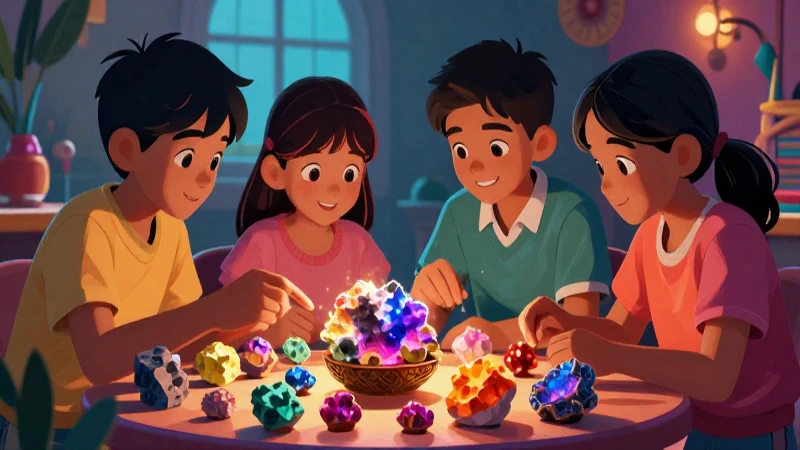 Ilustración folclórica mexicana sobre estudiantes y minerales