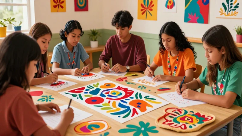 Ilustración vibrante muestra jóvenes estudiando artesanías