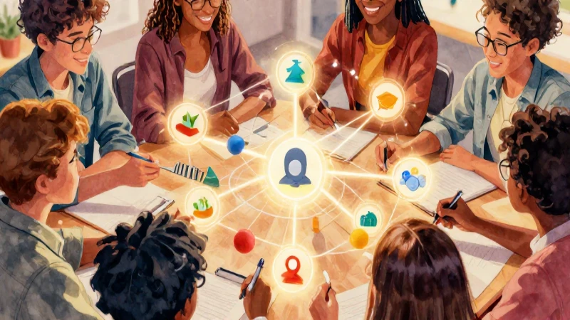 Ilustración vibrante sobre colaboración y conocimiento moderno