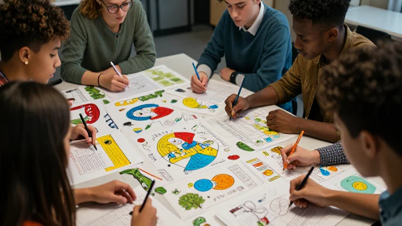 Estudiantes diversos colaboran en un entorno vibrante
