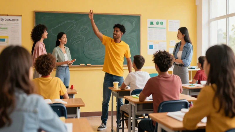 Ilustración moderna y vibrante muestra colaboración estudiantil