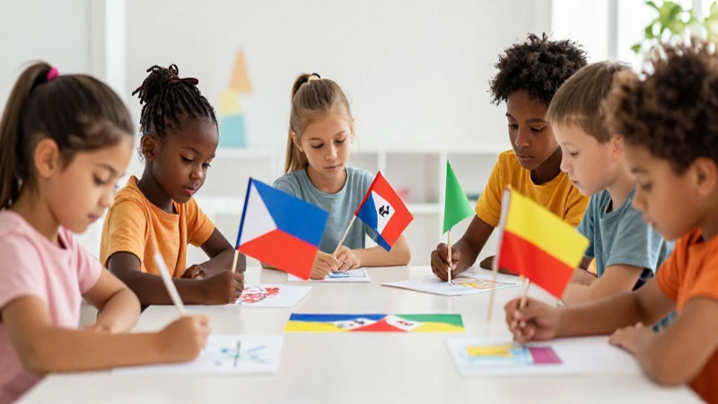 Niños diversos dibujan banderas con alegría