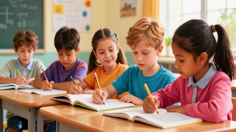 Ilustración llamativa y vibrante de estudiantes aprendiendo