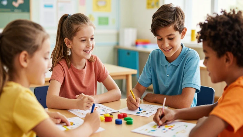 Niños aprenden idiomas en un aula colorida