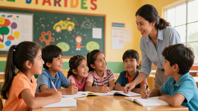 Niños aprenden juntos en ilustración escolar mexicana