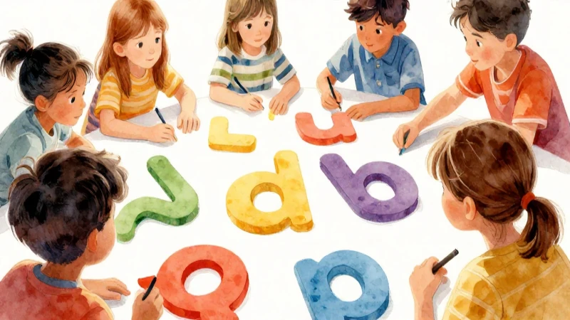 Niños exploran formas lingüísticas en acuarela vibrante