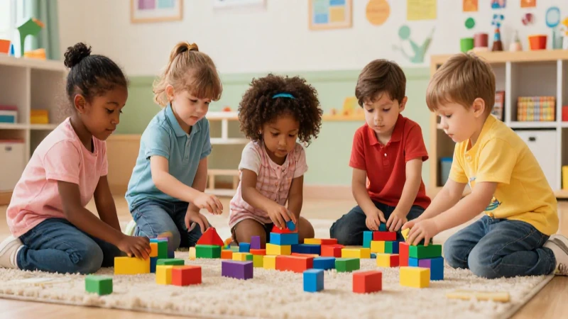 Múltiples lenguajes Primer grado de Preescolar (2025-2026) 25 Niños diversos aprenden jugando bloques con colores vivos