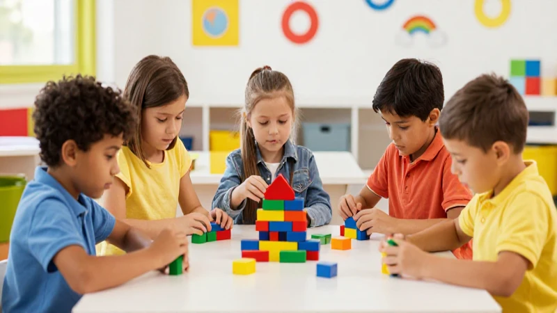 Niños aprenden con bloques en aula vibrante
