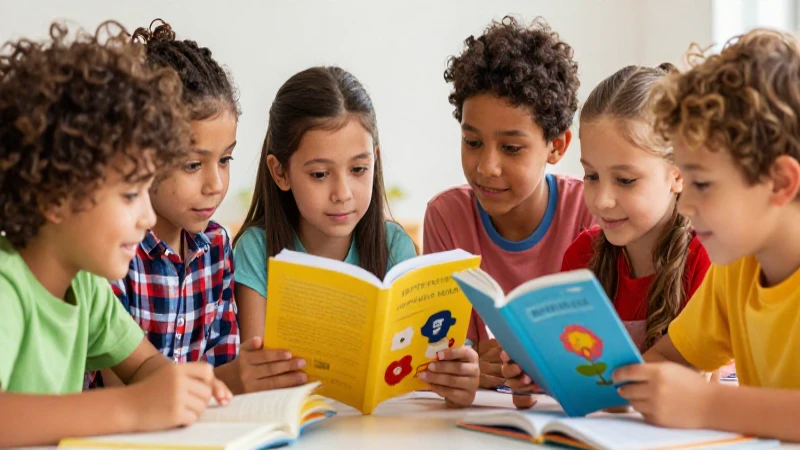 Niños aprenden juntos en ilustración colorida y clara