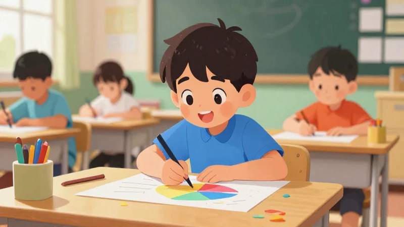 Ilustración vibrante y didáctica de aula infantil