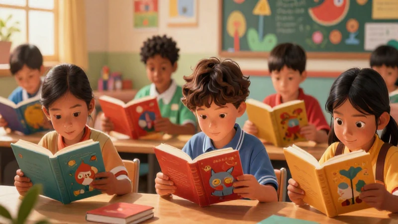 Ilustración vibrante de niños leyendo libros