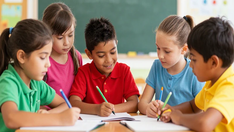 Niños aprenden juntos en escena educativa