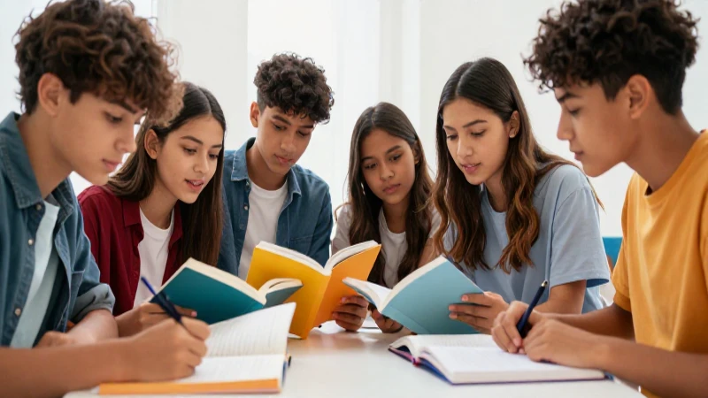 Estudiantes diversos estudiando con libro colorido