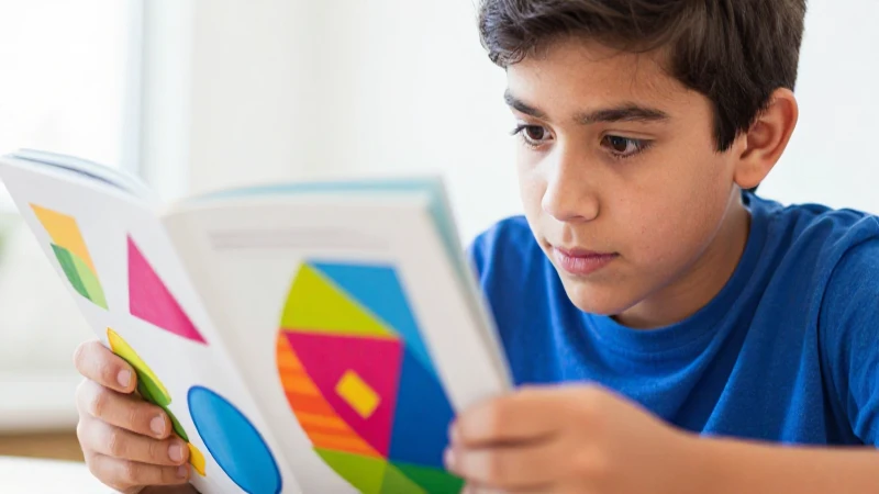 Estudiante observa geometría con arte vibrante