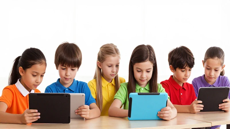 Niños aprenden con tabletas en colores vivos