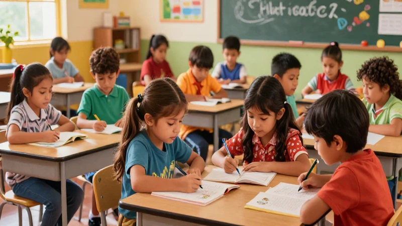Niños diversos aprenden en aula mexicana colorida