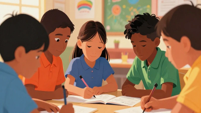 Niños aprenden juntos con alegre ilustración