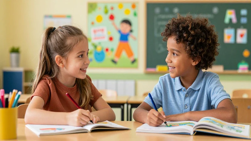 Niños aprenden felices en clase colorida
