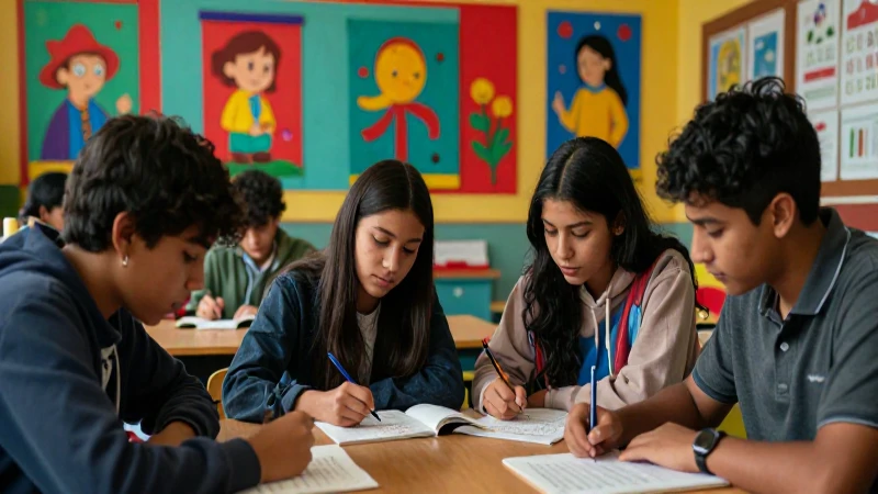 Adolescentes diversos colaboran en clase, vibrante y moderna